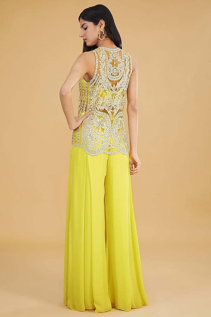 Yellow Georgette & Net Box Pleated Palazzo Pant Set by Rabani & Rakha at Pernia's Pop Up Shop