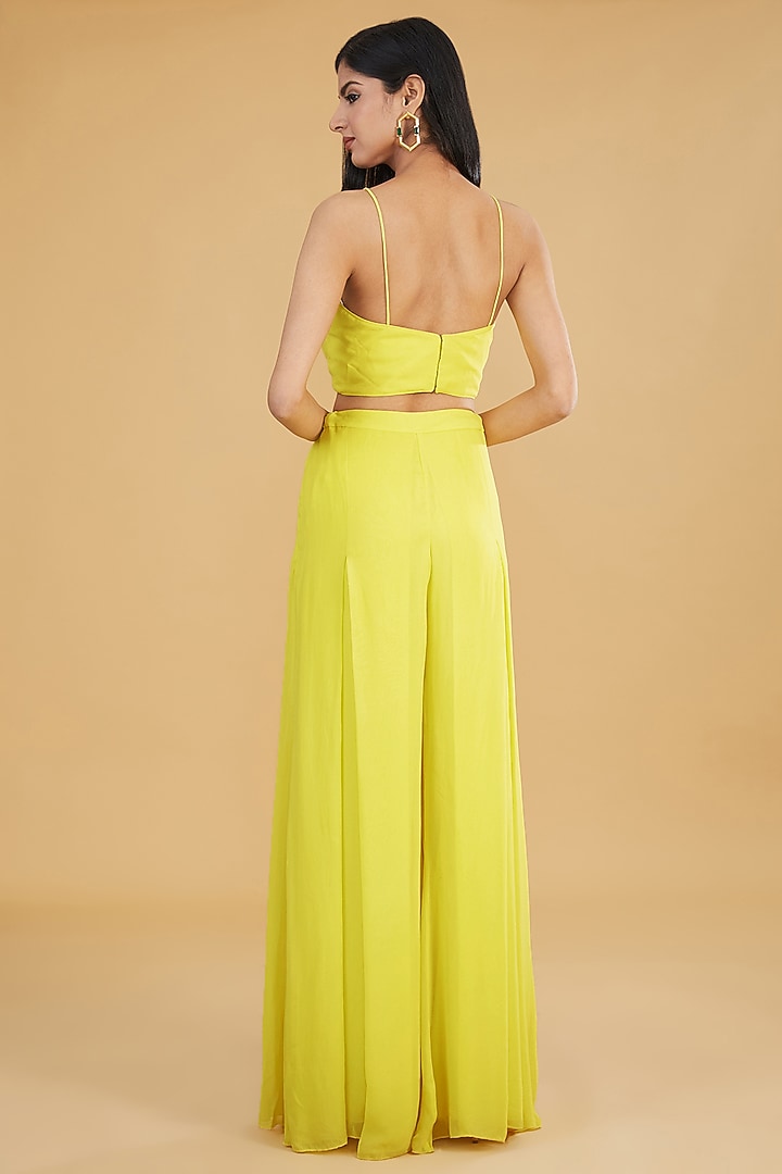 Yellow Georgette & Net Box Pleated Palazzo Pant Set by Rabani & Rakha at Pernia's Pop Up Shop