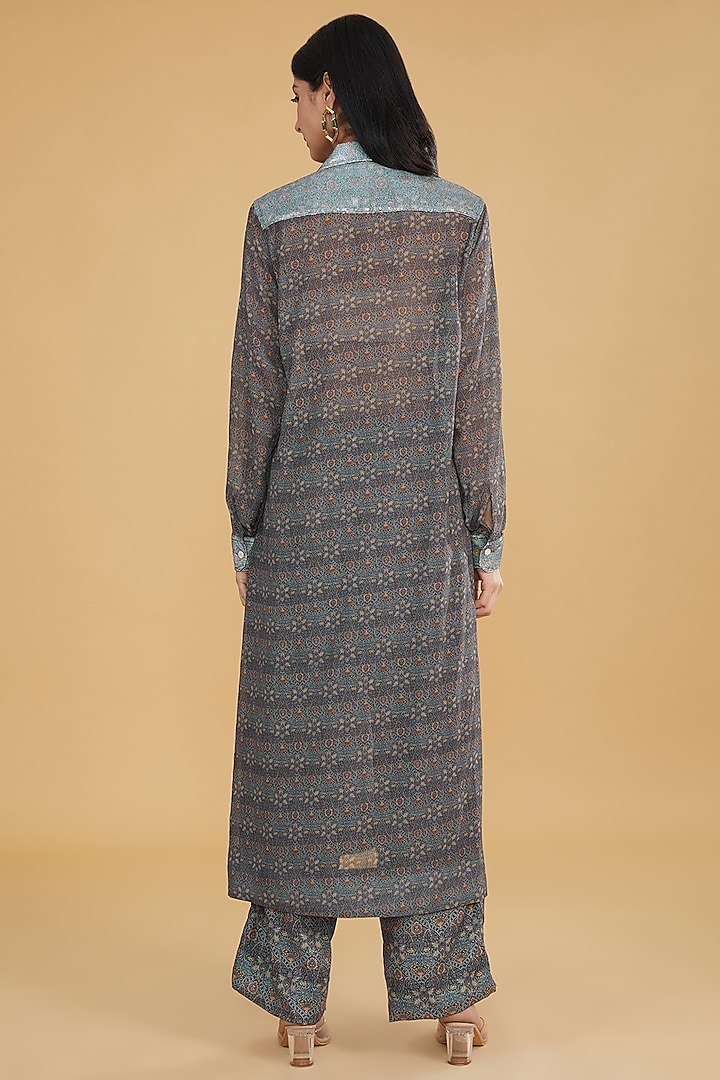 Teal Grey Georgette Printed Co-Ord Set by Rabani & Rakha at Pernia's Pop Up Shop