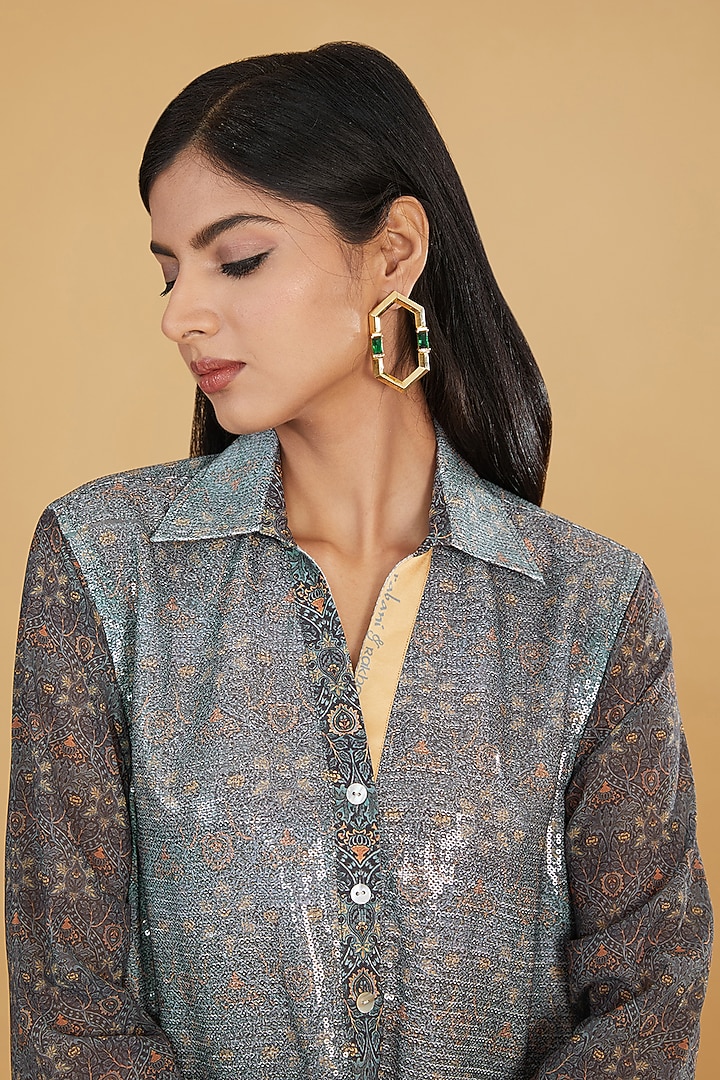 Teal Grey Georgette Printed Co-Ord Set by Rabani & Rakha at Pernia's Pop Up Shop