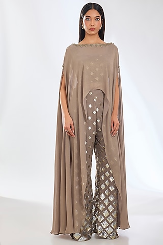 Gold Foil Georgette Hand Embroidered Cape Set by Rabani & Rakha