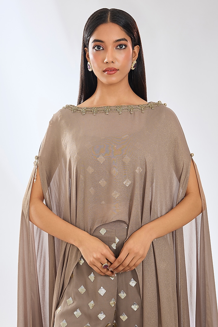 Gold Foil Georgette Hand Embroidered Cape Set by Rabani & Rakha at Pernia's Pop Up Shop