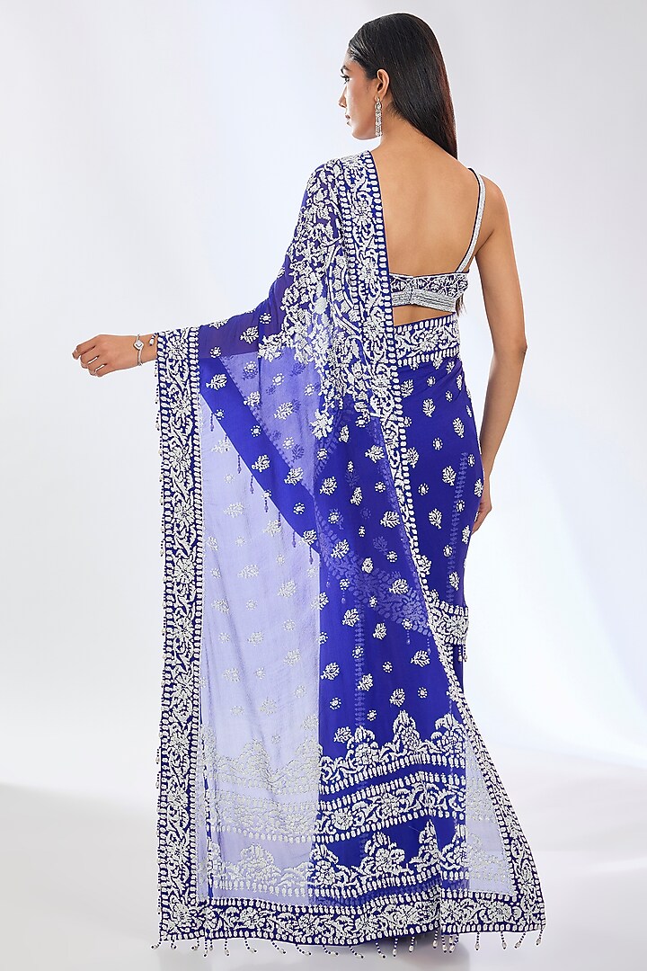 Royal Blue Georgette Hand Embroidered Draped Reception Saree Set by Rabani & Rakha at Pernia's Pop Up Shop