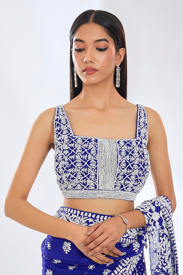 Royal Blue Georgette Hand Embroidered Draped Reception Saree Set by Rabani & Rakha at Pernia's Pop Up Shop