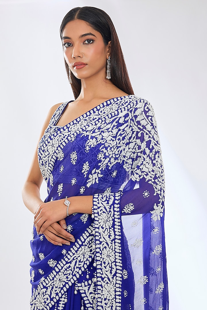 Royal Blue Georgette Hand Embroidered Draped Reception Saree Set by Rabani & Rakha at Pernia's Pop Up Shop
