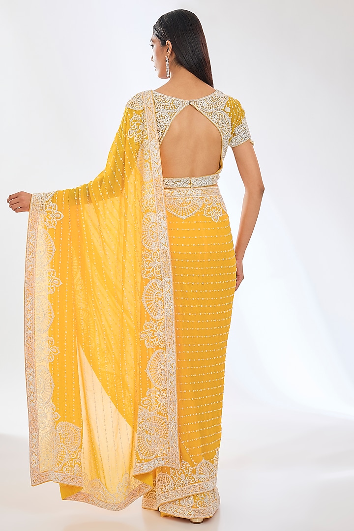 Yellow Georgette Pearl Embroidered Reception Saree Set by Rabani & Rakha at Pernia's Pop Up Shop