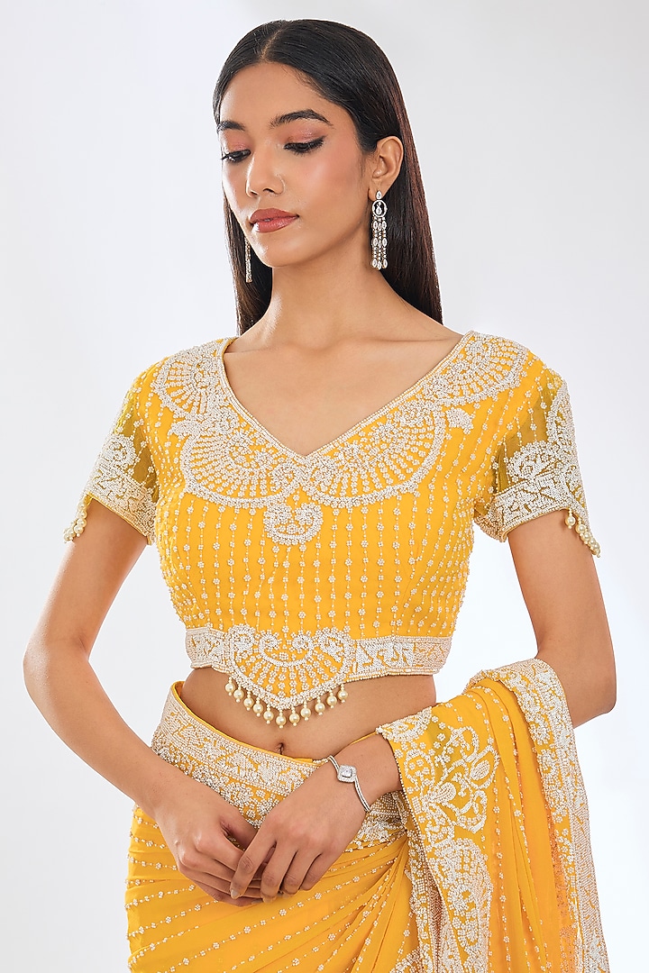 Yellow Georgette Pearl Embroidered Reception Saree Set by Rabani & Rakha at Pernia's Pop Up Shop