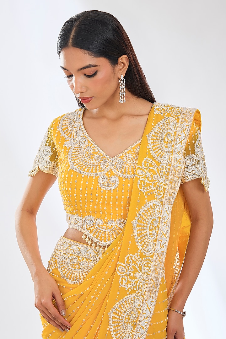 Yellow Georgette Pearl Embroidered Reception Saree Set by Rabani & Rakha at Pernia's Pop Up Shop