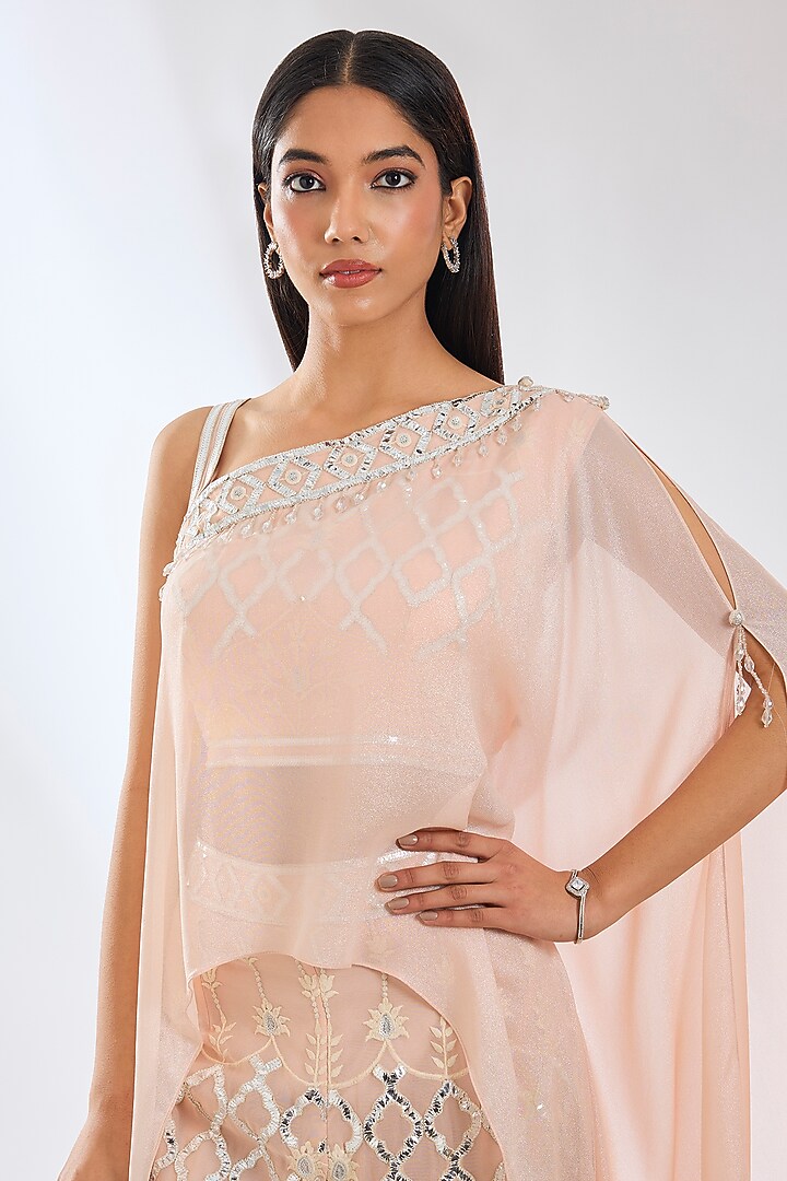 Blush Pink Foil Georgette Gota Work Cape Set by Rabani & Rakha at Pernia's Pop Up Shop