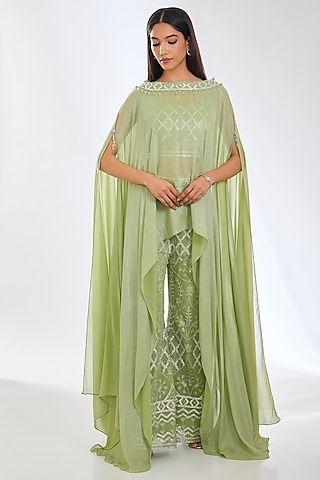 Sage Green Foil Georgette Gota Work Cape Set by Rabani & Rakha