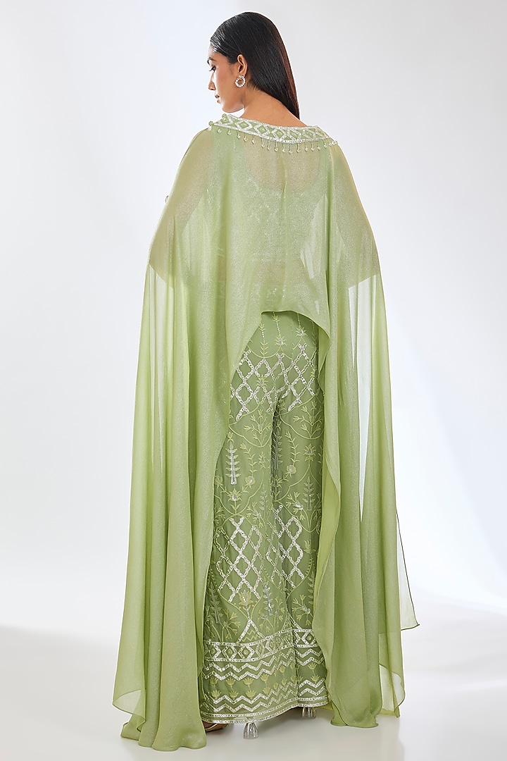 Sage Green Foil Georgette Gota Work Cape Set by Rabani & Rakha at Pernia's Pop Up Shop