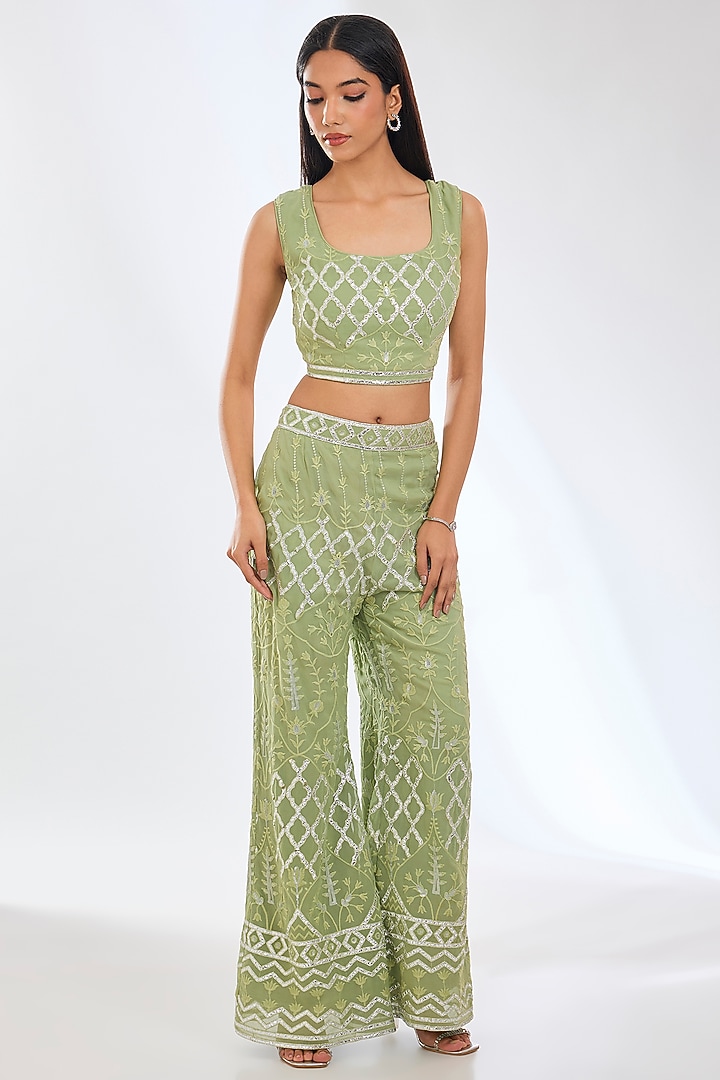Sage Green Foil Georgette Gota Work Cape Set by Rabani & Rakha at Pernia's Pop Up Shop