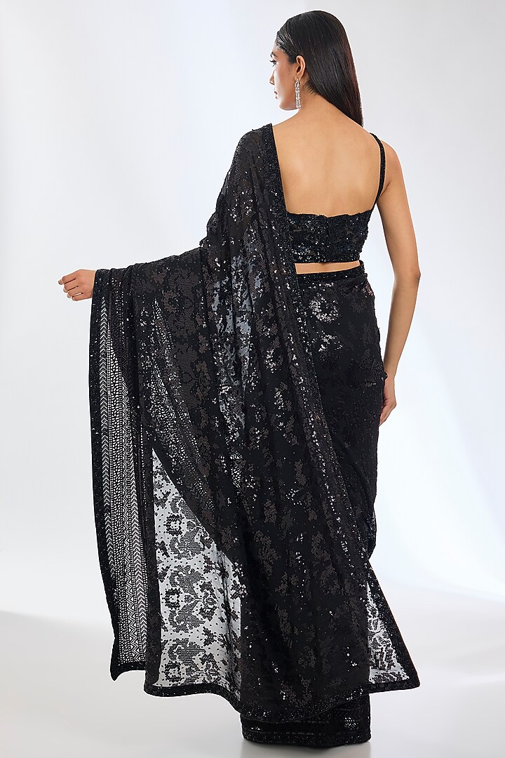 Black Georgette Sequins Hand Embroidered Reception Saree Set by Rabani & Rakha at Pernia's Pop Up Shop