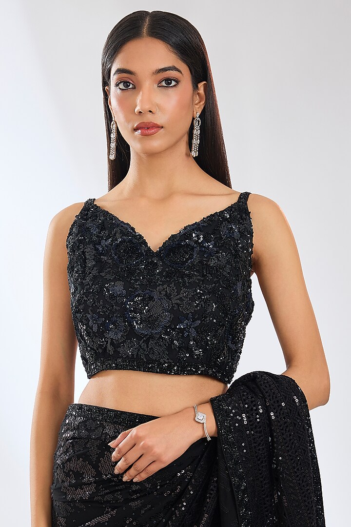Black Georgette Sequins Hand Embroidered Reception Saree Set by Rabani & Rakha at Pernia's Pop Up Shop