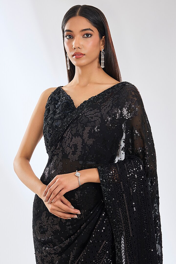 Black Georgette Sequins Hand Embroidered Reception Saree Set by Rabani & Rakha at Pernia's Pop Up Shop