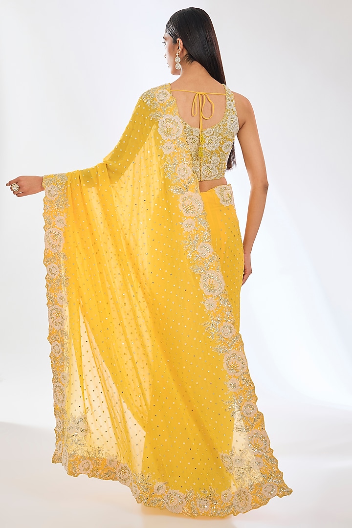Yellow Georgette Sequins Hand Embroidered Reception Saree Set by Rabani & Rakha at Pernia's Pop Up Shop