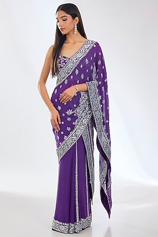 Purple Georgette Sequins Hand Embroidered Draped Saree Set by Rabani & Rakha