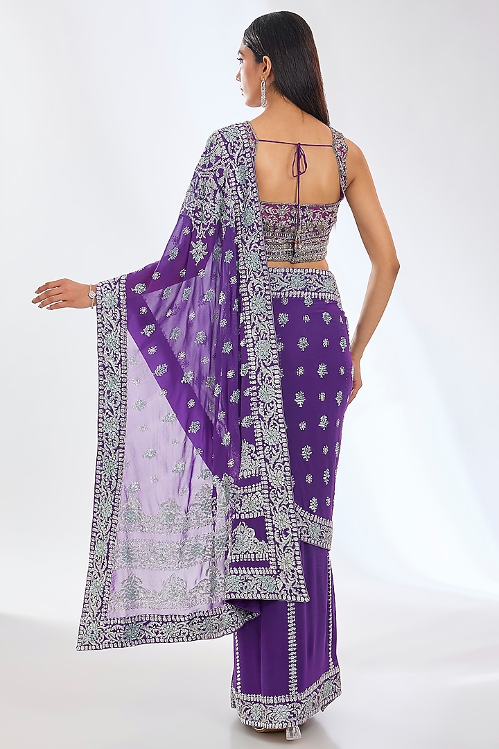 Purple Georgette Sequins Hand Embroidered Draped Reception Saree Set by Rabani & Rakha at Pernia's Pop Up Shop