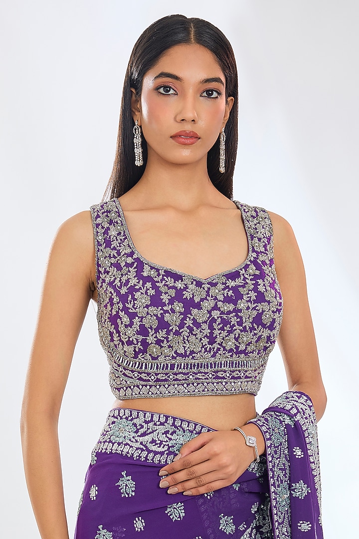 Purple Georgette Sequins Hand Embroidered Draped Reception Saree Set by Rabani & Rakha at Pernia's Pop Up Shop