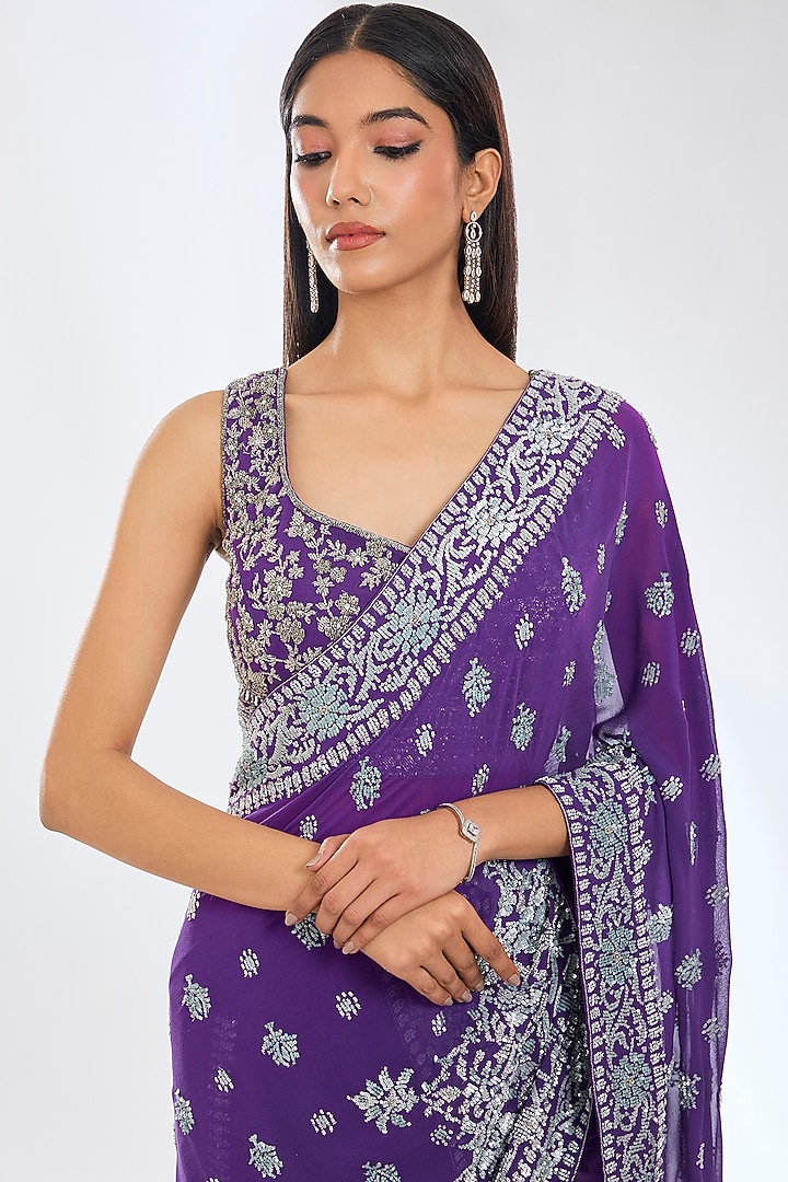 Purple Georgette Sequins Hand Embroidered Draped Reception Saree Set by Rabani & Rakha at Pernia's Pop Up Shop