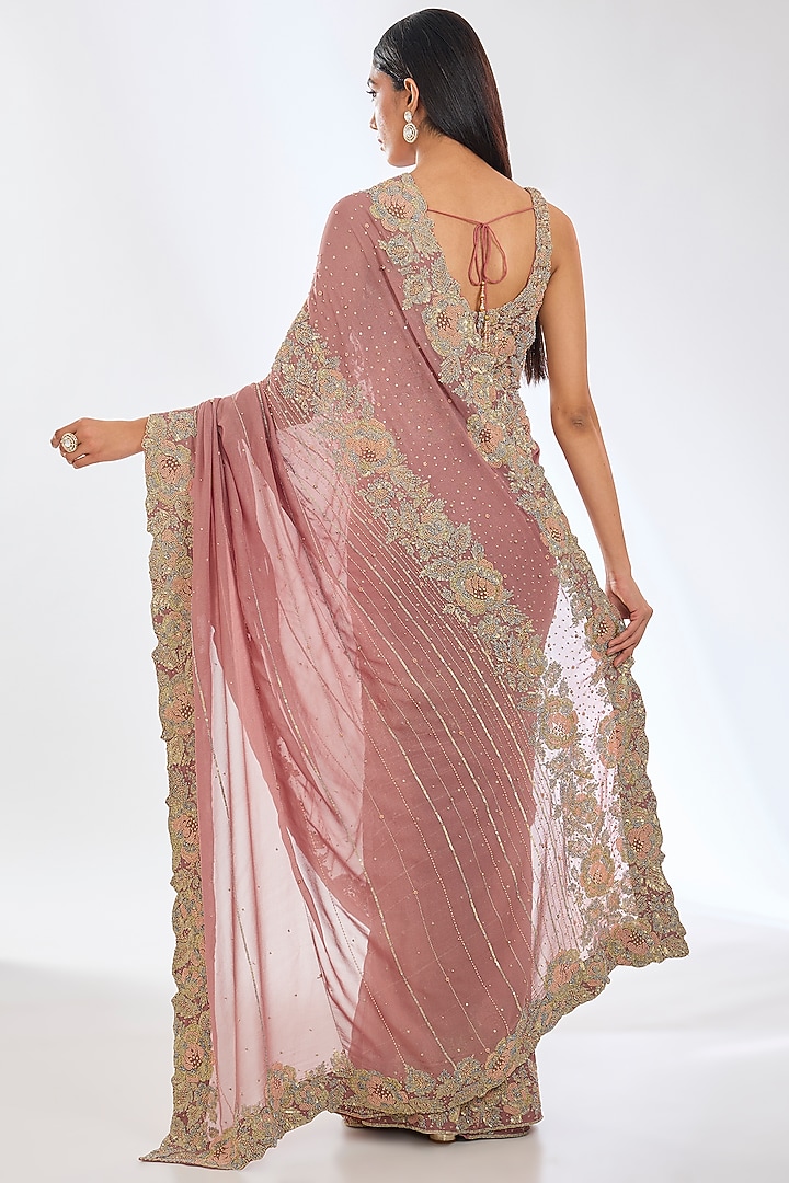 Copper Georgette Sequins Hand Embroidered Reception Saree Set by Rabani & Rakha at Pernia's Pop Up Shop
