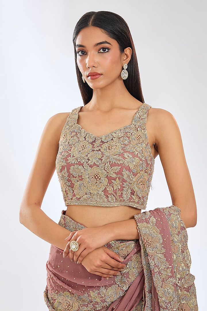 Copper Georgette Sequins Hand Embroidered Reception Saree Set by Rabani & Rakha at Pernia's Pop Up Shop