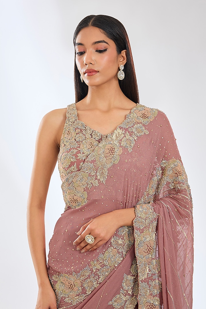 Copper Georgette Sequins Hand Embroidered Reception Saree Set by Rabani & Rakha at Pernia's Pop Up Shop