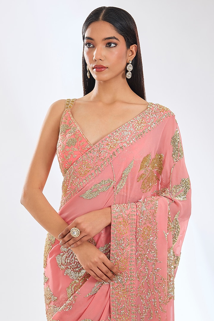 Rose Pink Georgette Sequins Hand Embroidered Bridal Saree Set by Rabani & Rakha at Pernia's Pop Up Shop