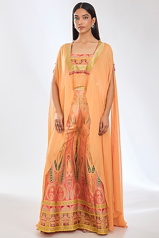 Peach Georgette Zari Work Cape Set by Rabani & Rakha