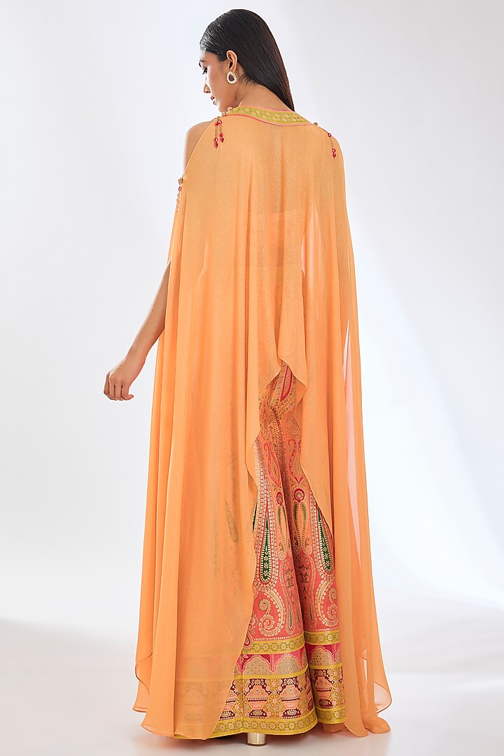 Peach Georgette Zari Work Cape Set by Rabani & Rakha at Pernia's Pop Up Shop