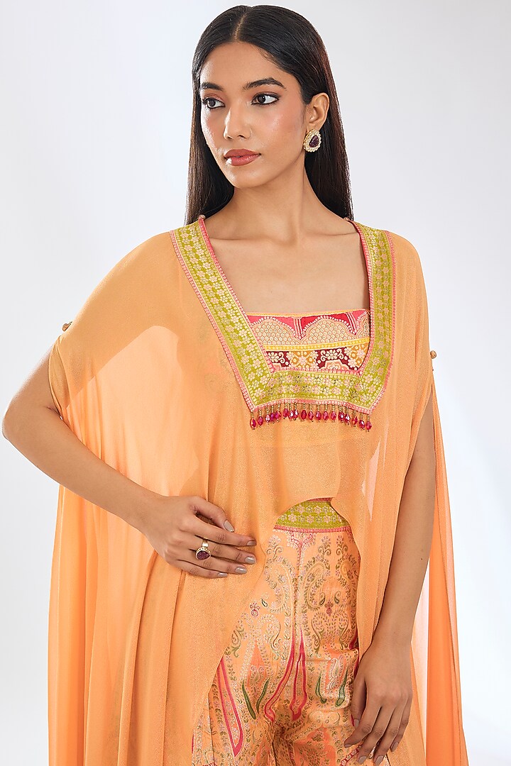 Peach Georgette Zari Work Cape Set by Rabani & Rakha at Pernia's Pop Up Shop
