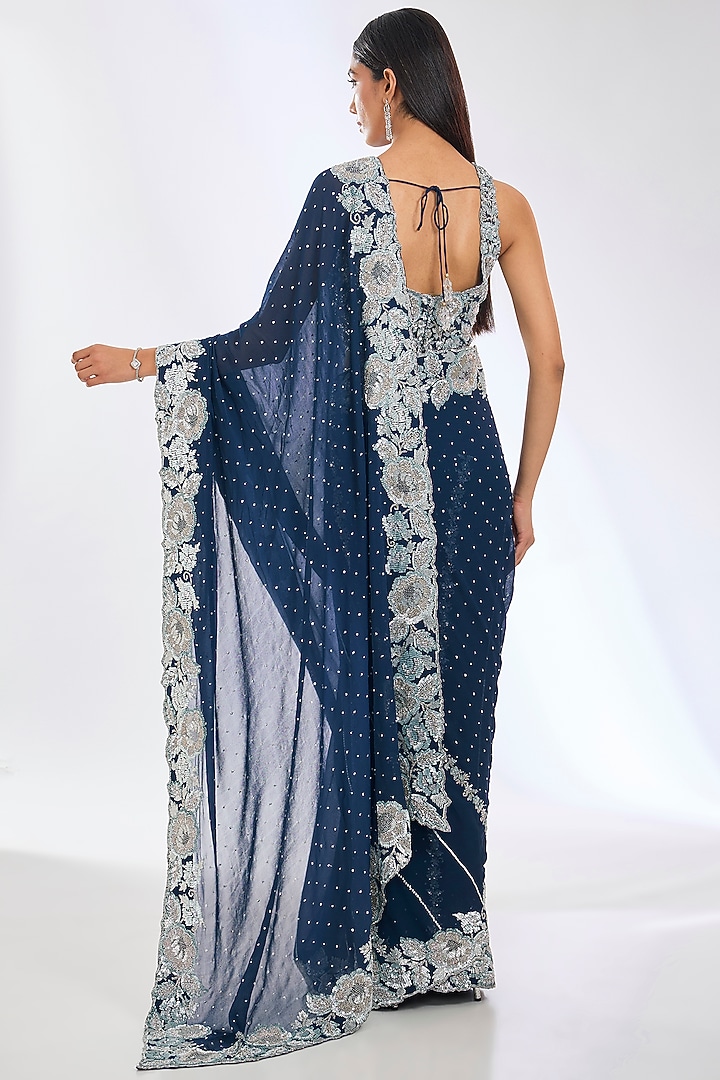 Dark Teal Blue Georgette Sequins Embroidered Reception Saree Set by Rabani & Rakha at Pernia's Pop Up Shop