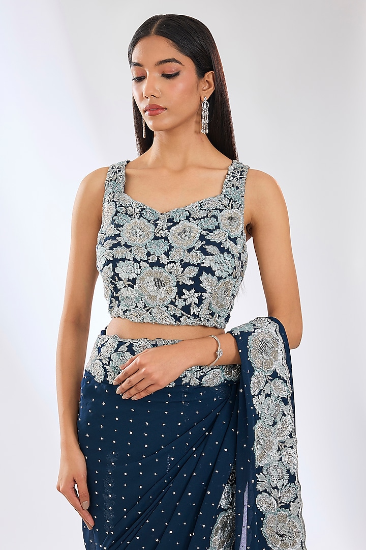 Dark Teal Blue Georgette Sequins Embroidered Reception Saree Set by Rabani & Rakha at Pernia's Pop Up Shop