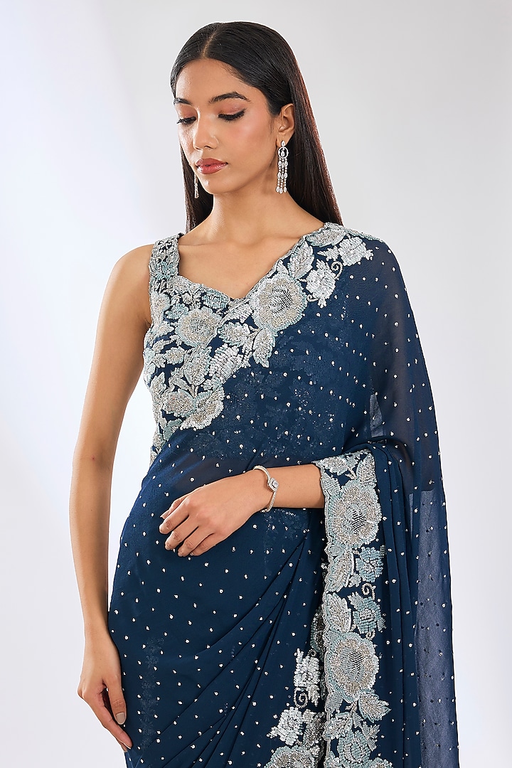 Dark Teal Blue Georgette Sequins Embroidered Reception Saree Set by Rabani & Rakha at Pernia's Pop Up Shop