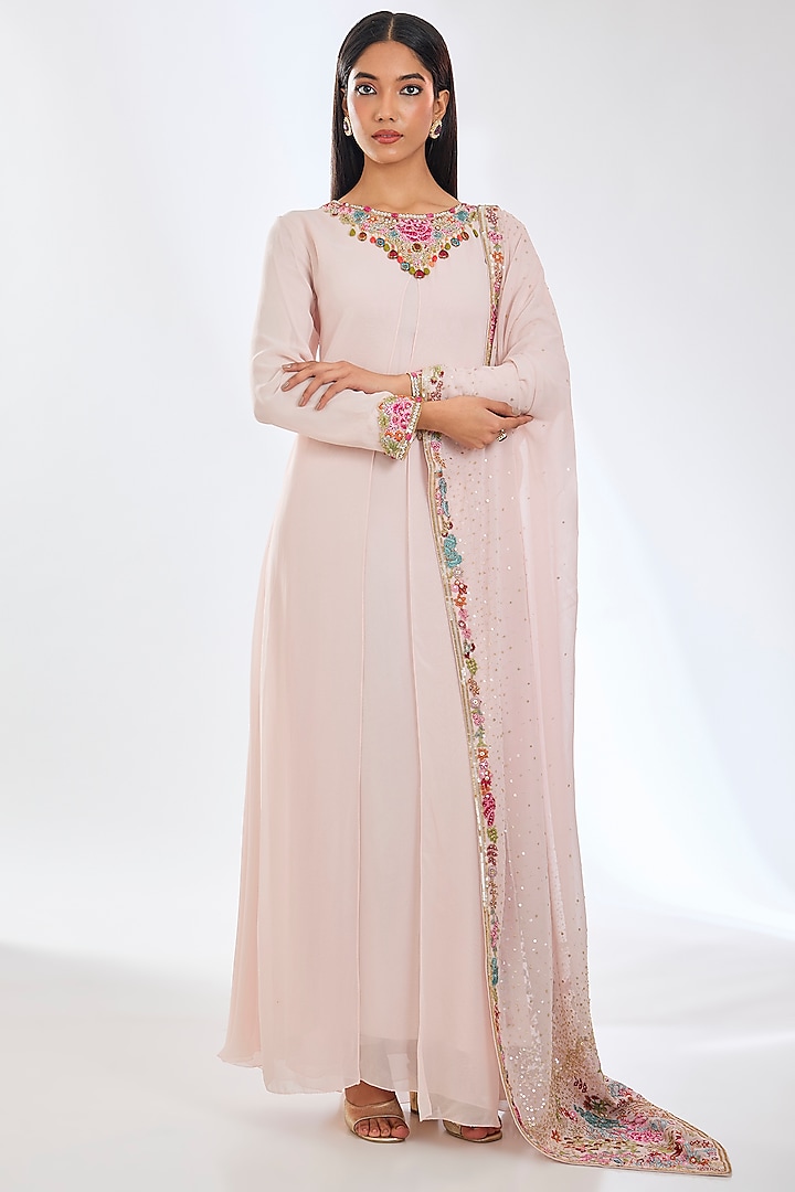 Blush Pink Georgette Sequins Embroidered Layered Kurta Set by Rabani & Rakha at Pernia's Pop Up Shop