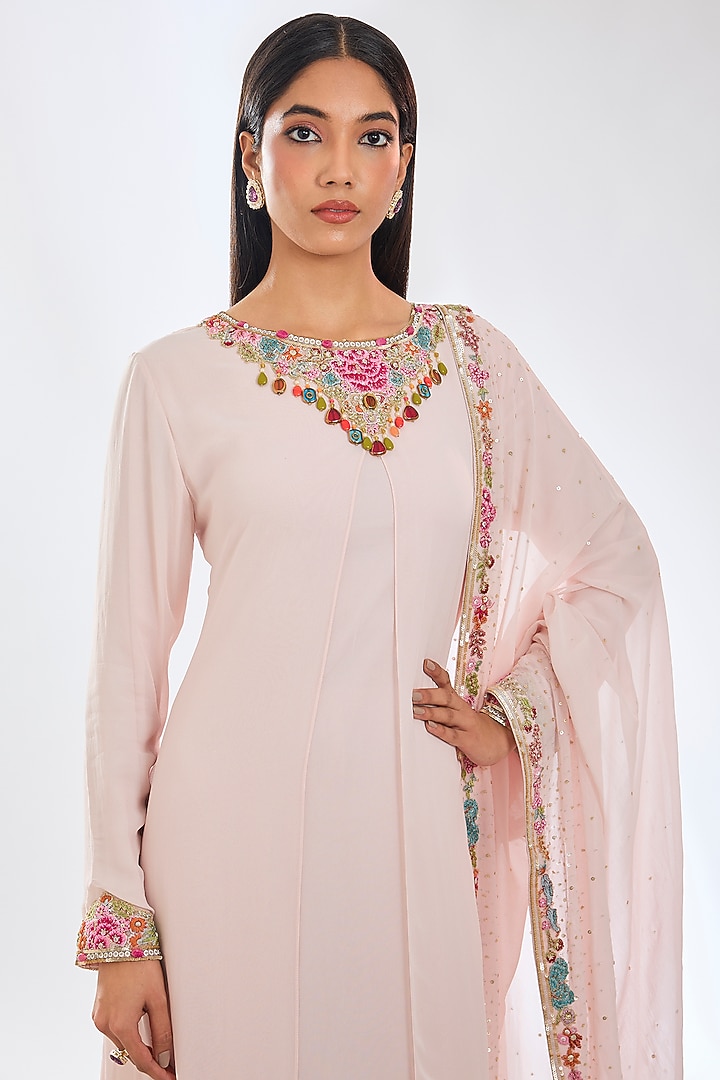 Blush Pink Georgette Sequins Embroidered Layered Kurta Set by Rabani & Rakha at Pernia's Pop Up Shop
