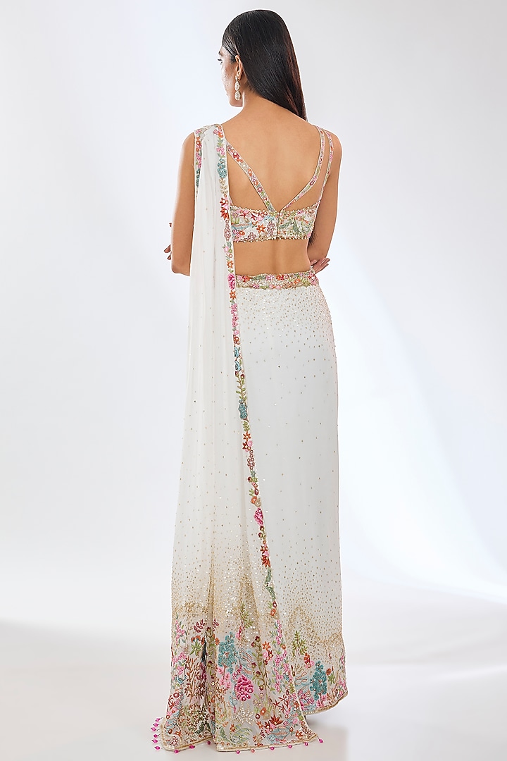 Ivory Georgette Thread Embroidered Pre-Stitched Reception Saree Set by Rabani & Rakha at Pernia's Pop Up Shop