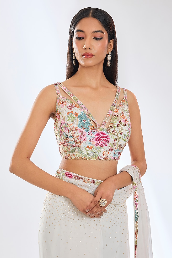 Ivory Georgette Thread Embroidered Pre-Stitched Reception Saree Set by Rabani & Rakha at Pernia's Pop Up Shop
