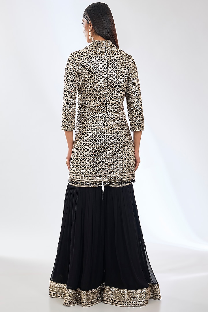 Black Georgette Mirror Embroidered Kurta Set by Rabani & Rakha at Pernia's Pop Up Shop