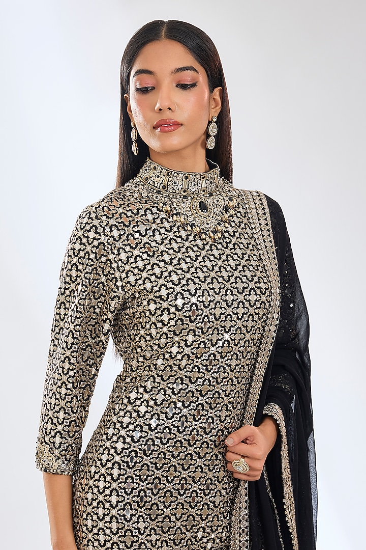 Black Georgette Mirror Embroidered Kurta Set by Rabani & Rakha at Pernia's Pop Up Shop