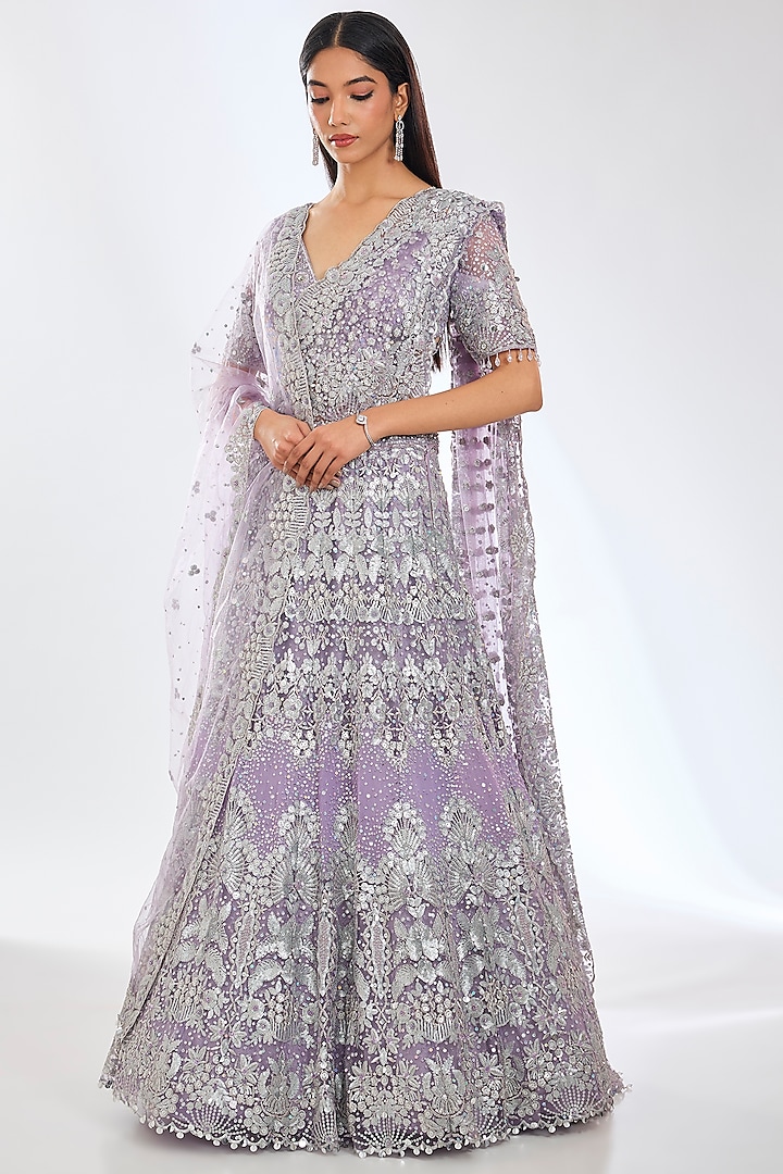 Mauve Georgette Sequins Embroidered Bridal Lehenga Set by Rabani & Rakha at Pernia's Pop Up Shop