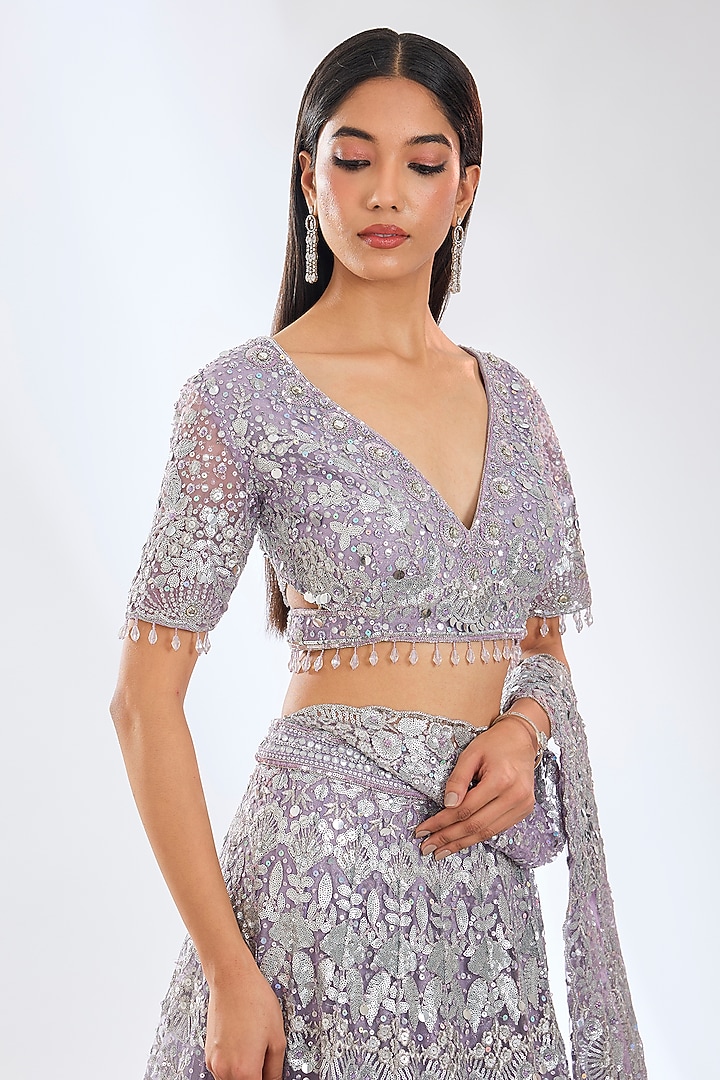 Mauve Georgette Sequins Embroidered Bridal Lehenga Set by Rabani & Rakha at Pernia's Pop Up Shop