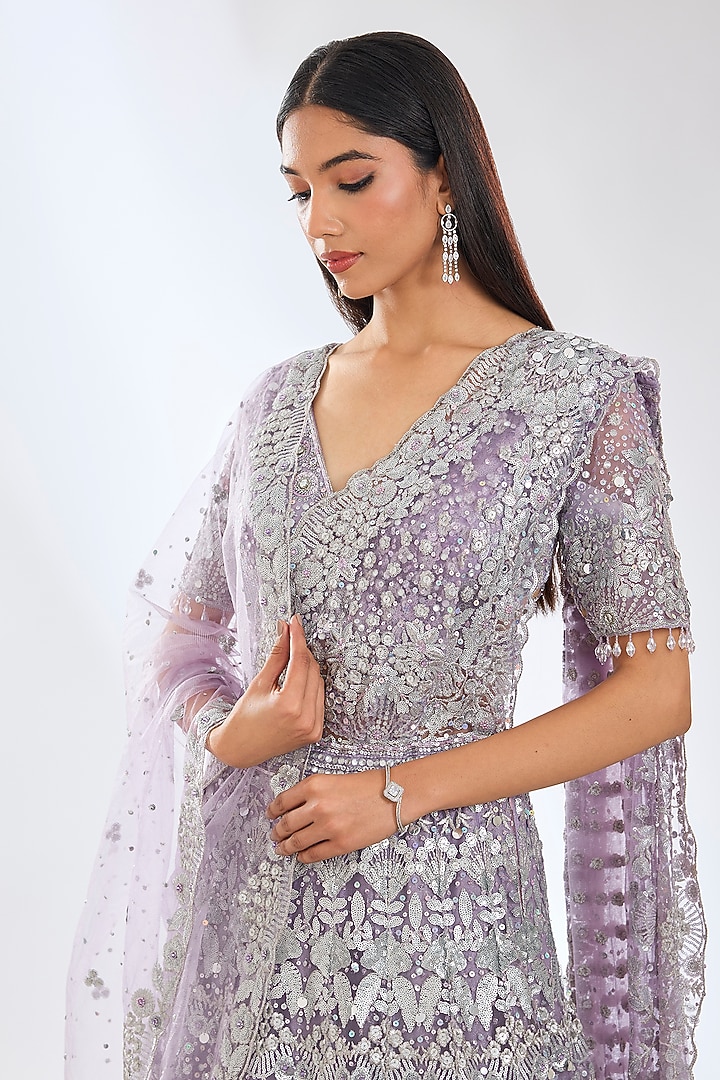 Mauve Georgette Sequins Embroidered Bridal Lehenga Set by Rabani & Rakha at Pernia's Pop Up Shop