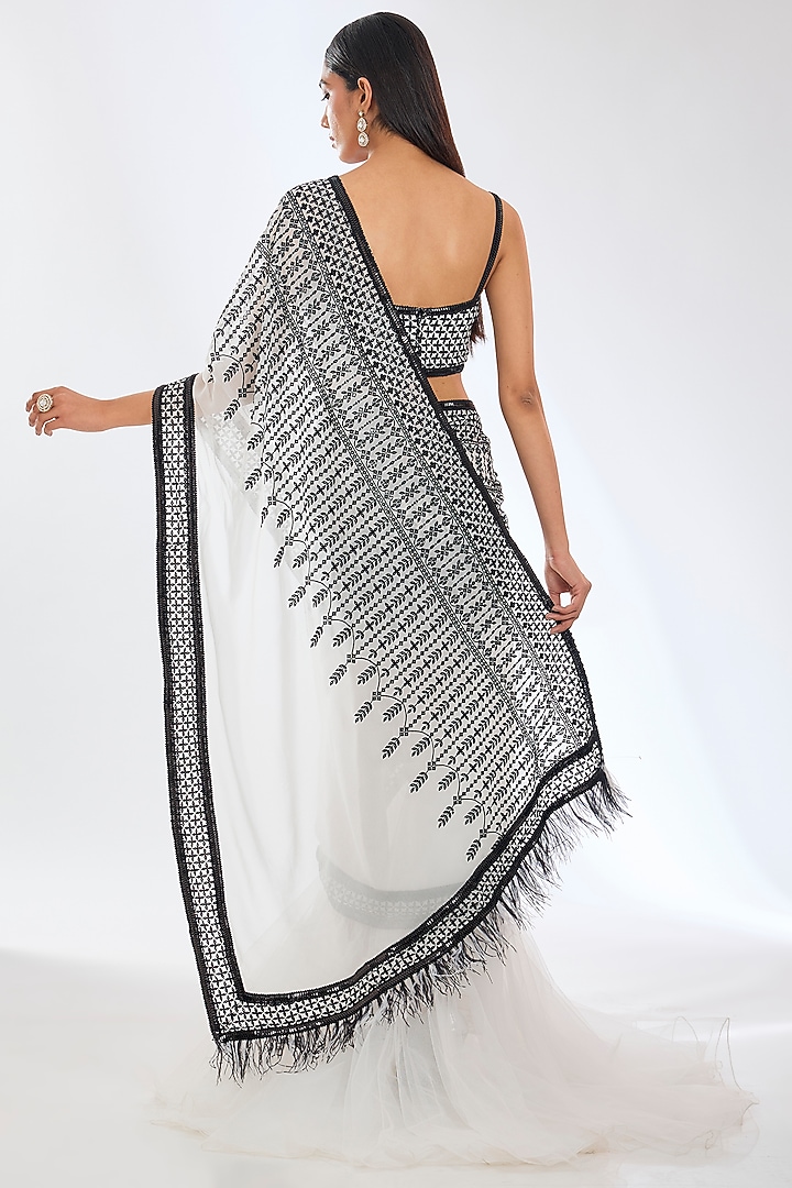 Off-White & Black Georgette Sequins Embroidered Reception Lehenga Saree Set by Rabani & Rakha at Pernia's Pop Up Shop