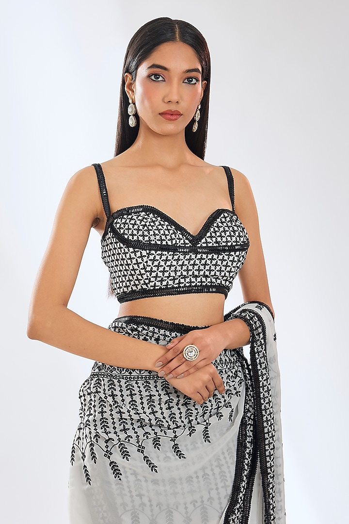 Off-White & Black Georgette Sequins Embroidered Reception Lehenga Saree Set by Rabani & Rakha at Pernia's Pop Up Shop