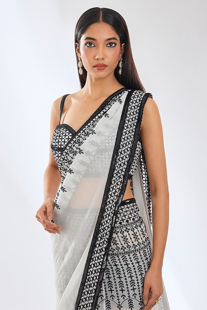 Off-White & Black Georgette Sequins Embroidered Reception Lehenga Saree Set by Rabani & Rakha at Pernia's Pop Up Shop