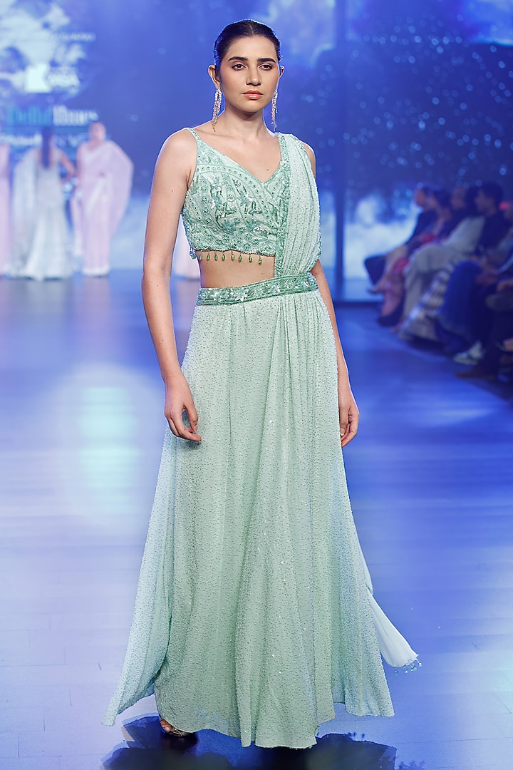 Aqua Georgette Beads Hand Embroidered Stitched Reception Saree Set by Rabani & Rakha at Pernia's Pop Up Shop
