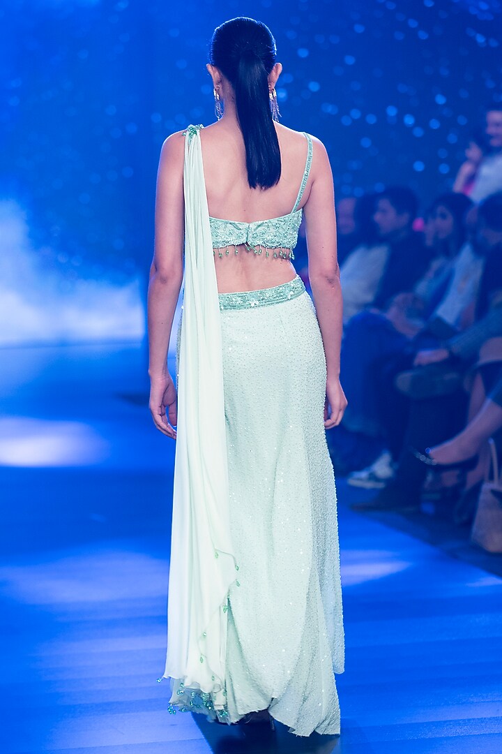 Aqua Georgette Beads Hand Embroidered Stitched Reception Saree Set by Rabani & Rakha at Pernia's Pop Up Shop
