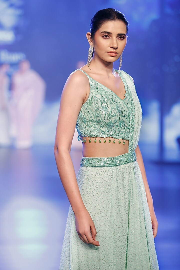 Aqua Georgette Beads Hand Embroidered Stitched Reception Saree Set by Rabani & Rakha at Pernia's Pop Up Shop