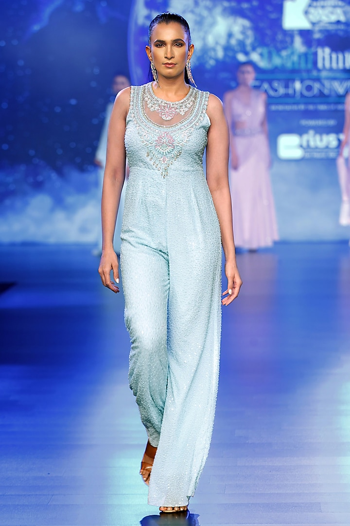 Aqua Georgette Beads Hand Embroidered Jumpsuit by Rabani & Rakha at Pernia's Pop Up Shop